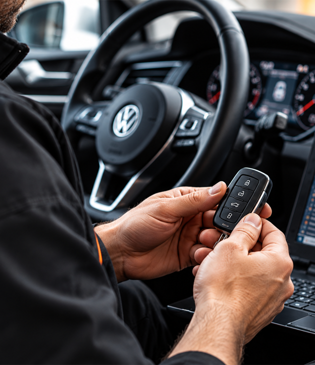 Técnico trabajando en la programación y electrónica de una llave de coche con equipo de diagnosis